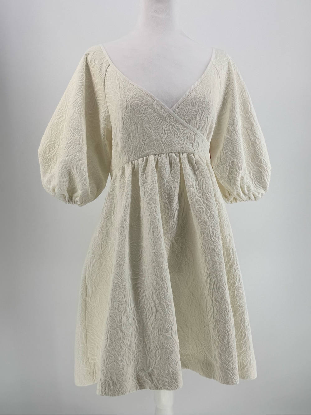 Choosy, Ivory Textured Puff-Sleeve Mini Dress, Size 0
